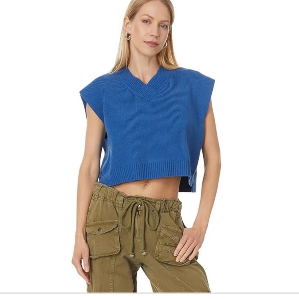 Free People Easy Street Cropped Sweater Vest Blue- XS  NWT